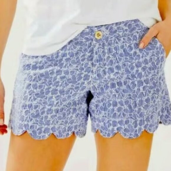 NWT Lilly Pulitzer 4 Buttercup Short Crew Blue Yam Dye Stripe White Eyelet Short
